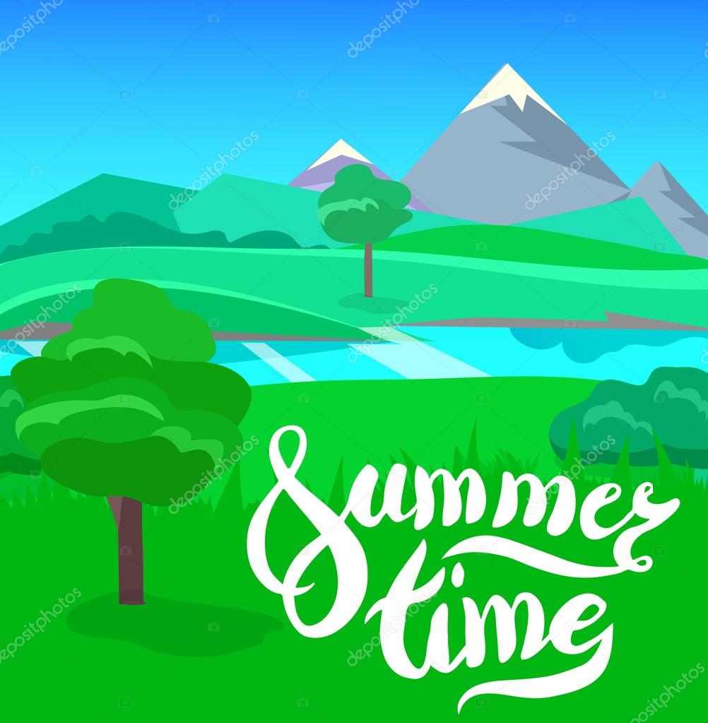 cartoon landscape with calligraphy brush lettering summer time vector unending background landscape with herbs and sky vector landscape with calligraphy brush lettering flat summer poster premium vector in adobe illustrator ai wdrfree