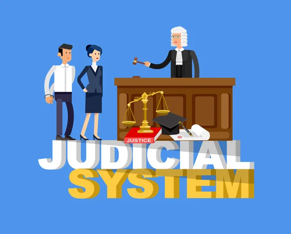 Legge banner orizzontale con elementi del sistema giudiziario isolato illustrazione vettoriale — Vettoriale Stock