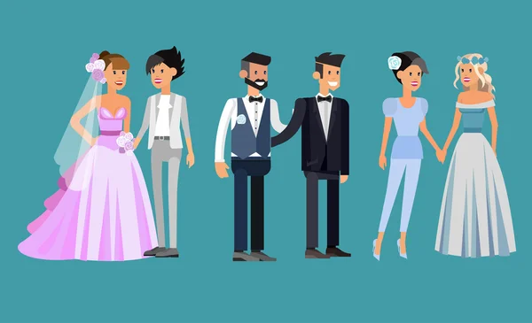 Μη παραδοσιακές οικογένεια. Ευτυχισμένος γάμος χαριτωμένο γκέι και λεσβίες — Διανυσματικό Αρχείο