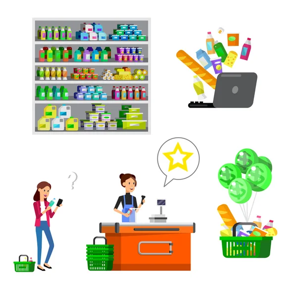 Winkel, supermarkt platte vectorillustraties — Stockvector