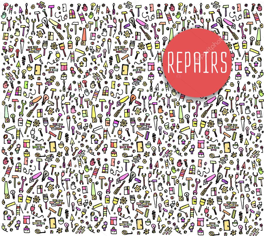 Hand drawn repairs construction tools seamless logo, repairs doodles elements, repairs seamless background. Repairs sketchy illustration
