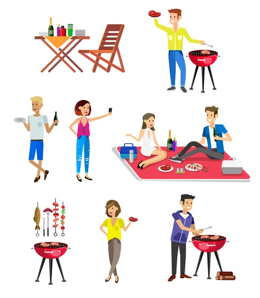 Aile pikniği. Barbekü partisi. Gıda ve Barbekü — Stok Vektör