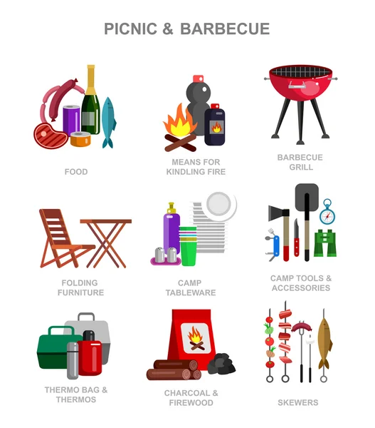 Camping et objet barbecue — Image vectorielle