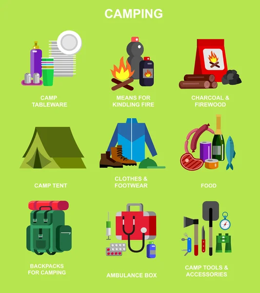 Camping y barbacoa objeto — Vector de stock