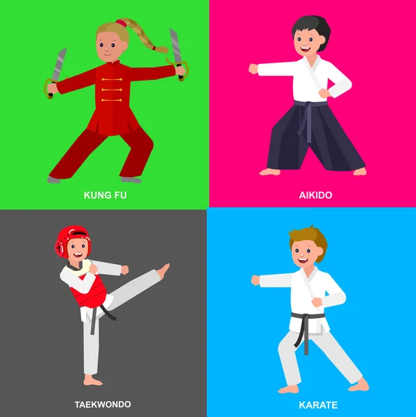 Dibujos animados niño usando kimono, arte marcial — Archivo Imágenes Vectoriales