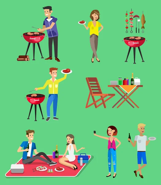 Familie picknick. BBQ-partij. voedsel en barbecue — Stockvector