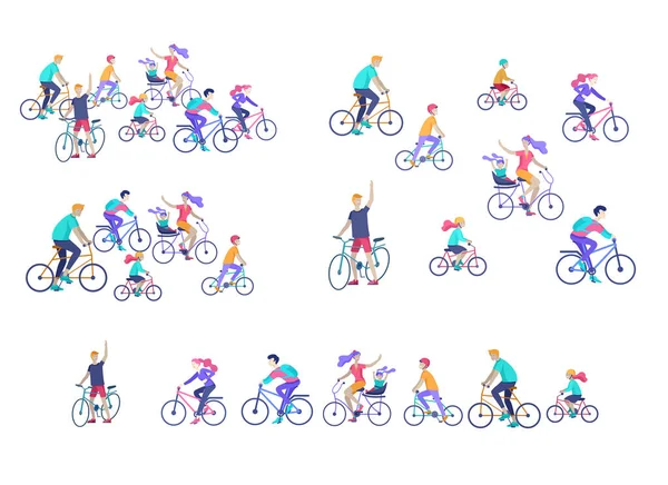 Landing modello pagina con la famiglia in sella biciclette, uomo agitando la mano, mamma in sella biciclette con bambino. Persone ciclismo concetto di attività all'aperto al parco, stile di vita sano. Illustrazione cartone animato — Vettoriale Stock