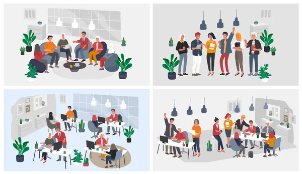 Kancelářské interiérové pracoviště se skupinovými pracovníky, kteří komunikují s klientem nebo s ním komunikují, nebo konverzace mezi týmovou prací nebo setkáním, brainstorming. Vektorový kreslený koncept ilustrace — Stockový vektor