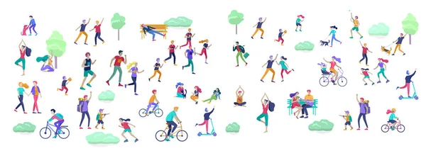 La gente pasa el tiempo, relajarse en la naturaleza, la familia y los niños realizando actividades deportivas al aire libre en el parque, pasear perro, hacer yoga, montar en bicicleta, entrenamiento de tenis. vector de dibujos animados — Archivo Imágenes Vectoriales