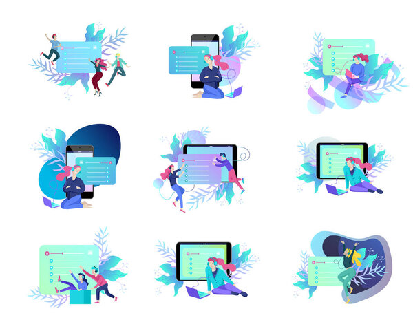 Концепция интернет-радио потокового прослушивания, люди расслабляются слушать танец. Музыкальные приложения, онлайн-песни, радиостанции. Музыкальный блог, студия звукозаписи. Страница посадки.