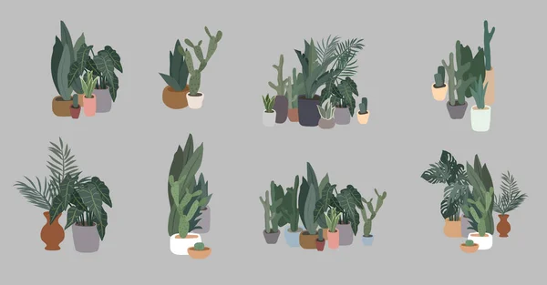 Colección de plantas en maceta. Selva urbana, decoración casera de moda con plantas, cactus, hojas tropicales. Conjunto de casa interior planta vector dibujado a mano de dibujos animados — Vector de stock