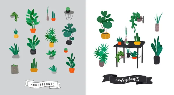 鉢植えのコレクション。都市のジャングル、植物、サボテン、熱帯の葉で流行の家の装飾。家の屋内植物ベクトル手描き漫画のセット — ストックベクタ