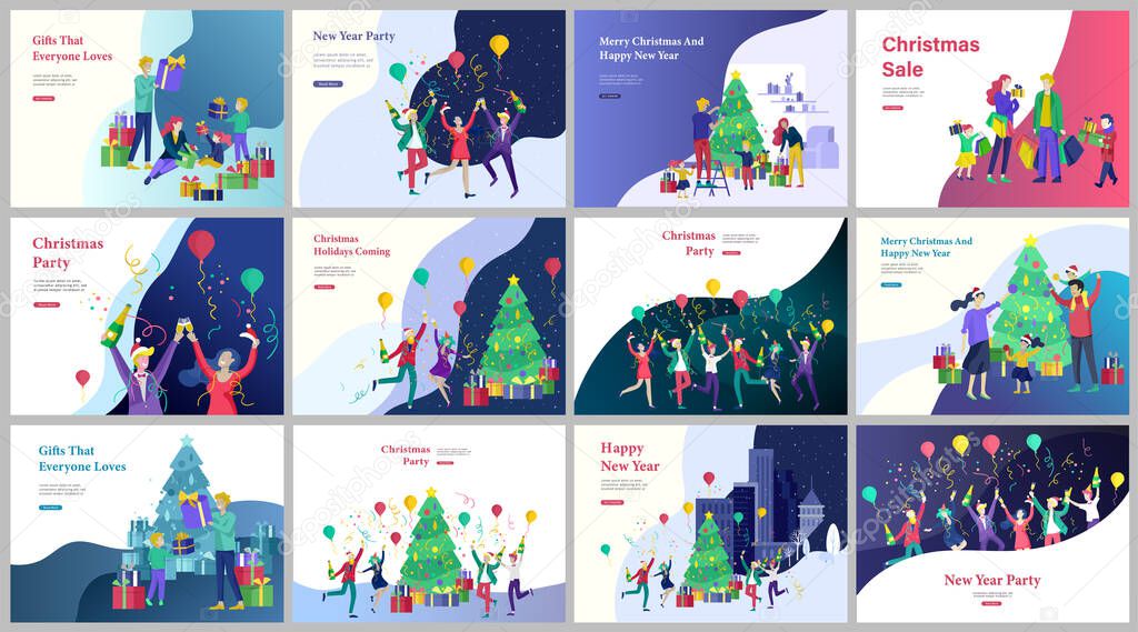 Set of Landing page template or greeting card. Friend or colleagues celebrates Merry Christmas, Happy New Year corporate party. Character romantic couple in love. Christmas tree on urban landscape