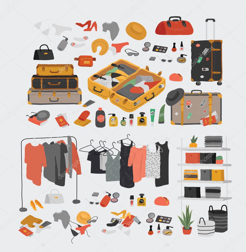 Set of wardrobe stuff. Closet wardrobe furniture inside. Various bag, shoes, cosmetics and trendy clother. Interior things in scandinavian design style. Hand drawn isolated elements. Cartoon vector