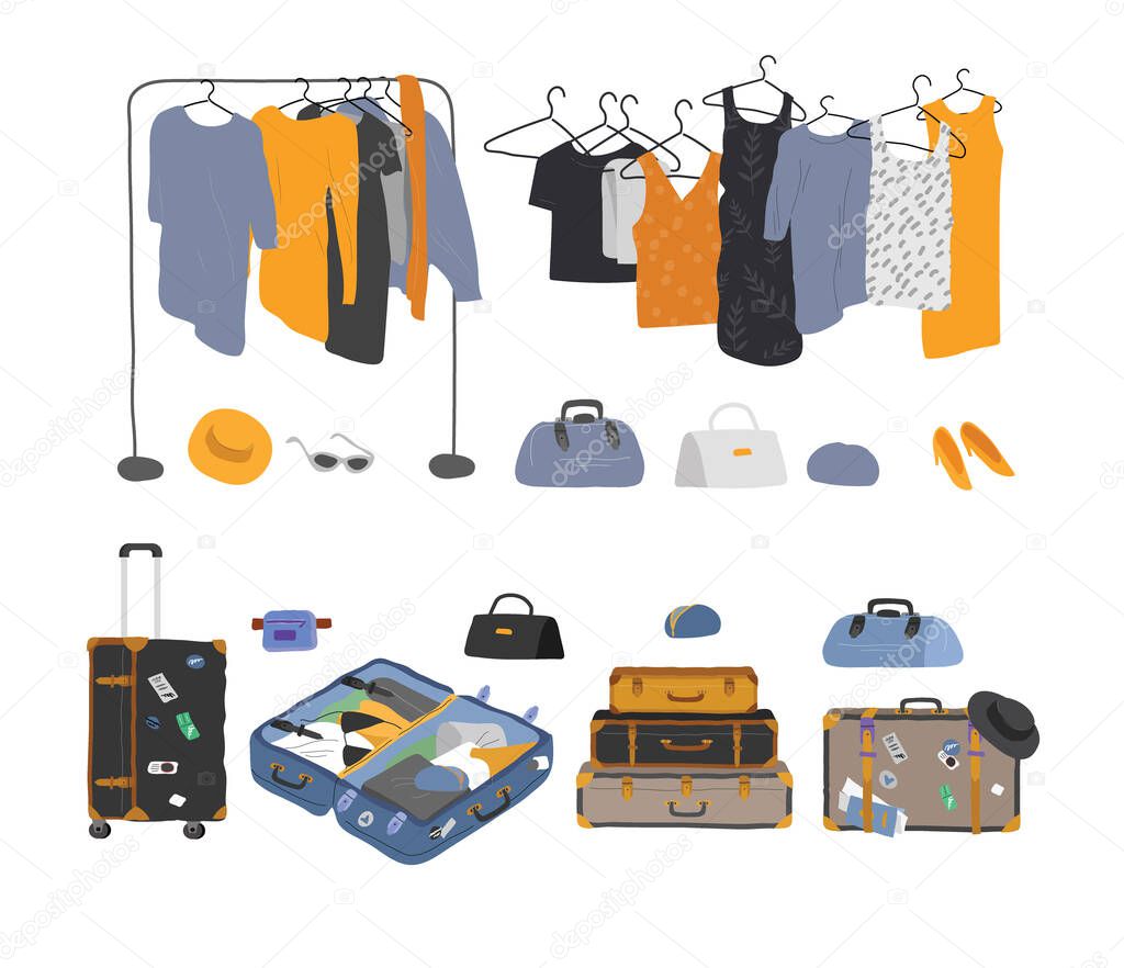 Set of wardrobe stuff. Closet wardrobe furniture inside. Various bag, shoes, cosmetics and trendy clother. Interior things in scandinavian design style. Hand drawn isolated elements. Cartoon vector