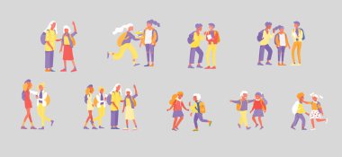 Okulun düz vektör çizimleri ayarlandı. Ergen ve ergen okul çocukları. Çocuklu ebeveynler, okul arkadaşları, beyaz arka planda izole edilmiş çizgi film karakterleri. Okul çocukları.