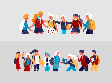 Okulun düz vektör çizimleri ayarlandı. Ergen ve ergen okul çocukları. Çocuklu ebeveynler, okul arkadaşları, beyaz arka planda izole edilmiş çizgi film karakterleri. Okul çocukları.