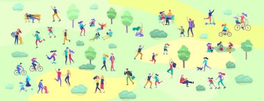 İnsanlar zaman geçiriyorlar, doğada dinleniyorlar, aile ve çocuklar parkta spor yapıyorlar, köpek gezdiriyorlar, yoga yapıyorlar, bisiklete biniyorlar, tenis oynuyorlar. Çizgi film vektörü