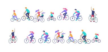 Aile bisikletleriyle iniş sayfası şablonu, elini sallayan bir adam, çocukla bisiklet süren bir anne. İnsanlar parkta bisiklet sürme konsepti, sağlıklı yaşam tarzı. Çizgi film illüstrasyonu