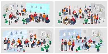 Ofis içi işyerinde grup çalışanları, iletişim kuruyor, müşteriyle konuşuyor ya da takım çalışması ya da toplantı arasında sohbet ediyor, beyin fırtınası yapıyor. Vektör çizgi film konsepti çizimi