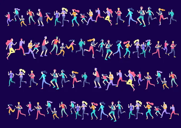 Люди марафонского бега спортивный спринт, концепция иллюстрирует бег мужчин и женщин в одежде в пейзаже. Бег на тренировке. Здоровые упражнения на активную скорость. Вектор мультфильма — стоковый вектор