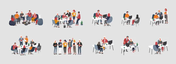 Escritório local de trabalho interior com os trabalhadores do grupo comunicando ou conversando com o cliente ou conversas entre trabalho em equipe ou reunião, brainstorming. Vector desenho animado ilustração conceito —  Vetores de Stock