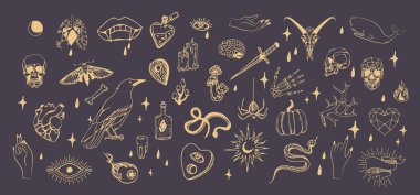 Bir çift boho el mistik sihir seti. Esrarengiz karalama elementleri ve elleri olan logo simgeleri, kuzgun hançeri. Siyah taslak tarzı. Soyut vektör illüstrasyonu