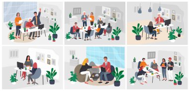 Ofis içi işyerinde grup çalışanları, iletişim kuruyor, müşteriyle konuşuyor ya da takım çalışması ya da toplantı arasında sohbet ediyor, beyin fırtınası yapıyor. Vektör çizgi film konsepti çizimi