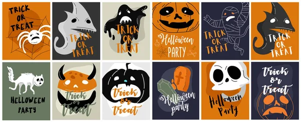 Ícone de vetor e coleção de elementos para cartão de saudação Helloween e cartaz, sinal de festa. Ilustração de conceito com sinal e símbolo. Desenhos animados de design plano — Vetor de Stock