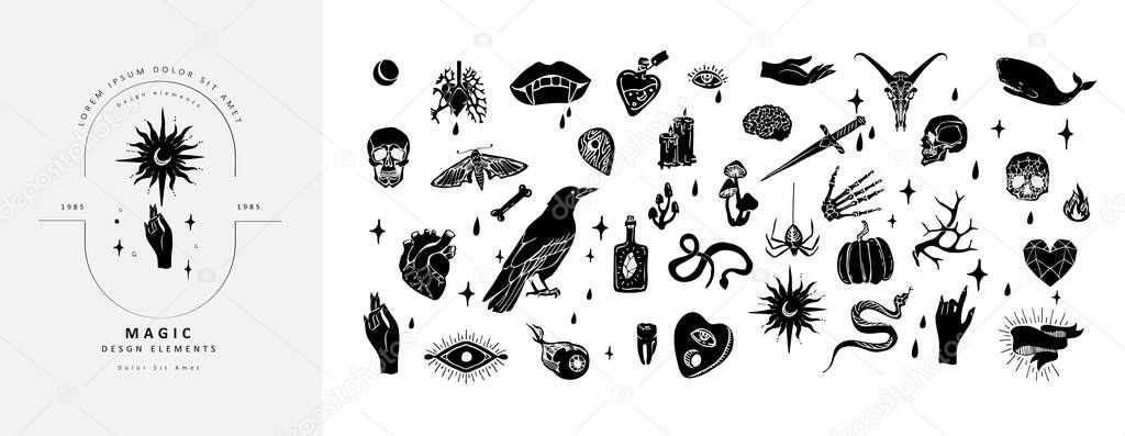 Set of boho hand drawn mystical magic set. Esoteric doodle elements and logo icons with hands, raven dagger. Black outline style. Abstract vector illustration. Black outline style