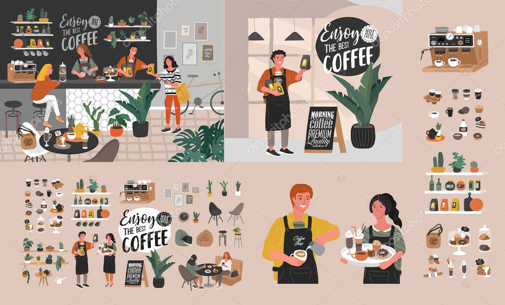 Coffee shop hand drawn collection . Cartoon constructor set. Small business, houseplant and interior decoration, logo lettering and quote, barista character, coffee pots sweets