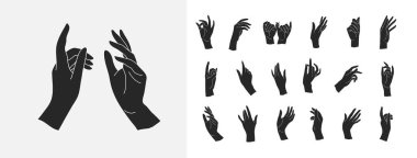 Bir dizi Vektör kadın güzellik elleri silueti. Düzenlenebilir vuruş boyutu. Düz çizgi, ince ve doğrusal tasarım. Basit ikonlar. Resim kavramını göster.