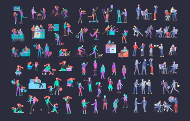 Çizgi film insanları koleksiyonu. Aile birlikte vakit geçirir, mutlu ve çocuklu ebeveynler. İş ekibi ve ofis çalışanları. Evde bir çift ve evcil hayvanları olan insanlar. Vektör