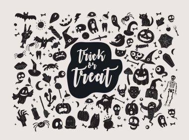 Helloween tebrik kartı ve afişi için vektör simgesi ve element koleksiyonu, parti işareti. İşaretli ve sembollü tasvir et. Düz tasarım çizgi film