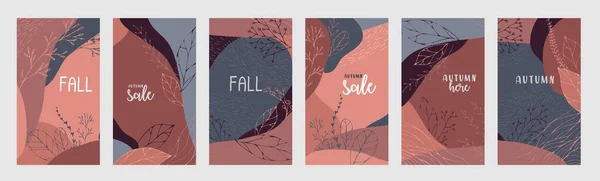 Soyut sonbahar arkaplanı seti tebrik kartları ve davetiyeler. Yapraklar ve elementler çizilmiş sonbahar el pankartları — Stok Vektör
