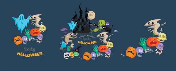 Icône vectorielle et collection d'éléments pour Helloween carte de vœux et affiche, panneau de fête. Illustration de concept avec signe et symbole. dessin animé design plat — Image vectorielle