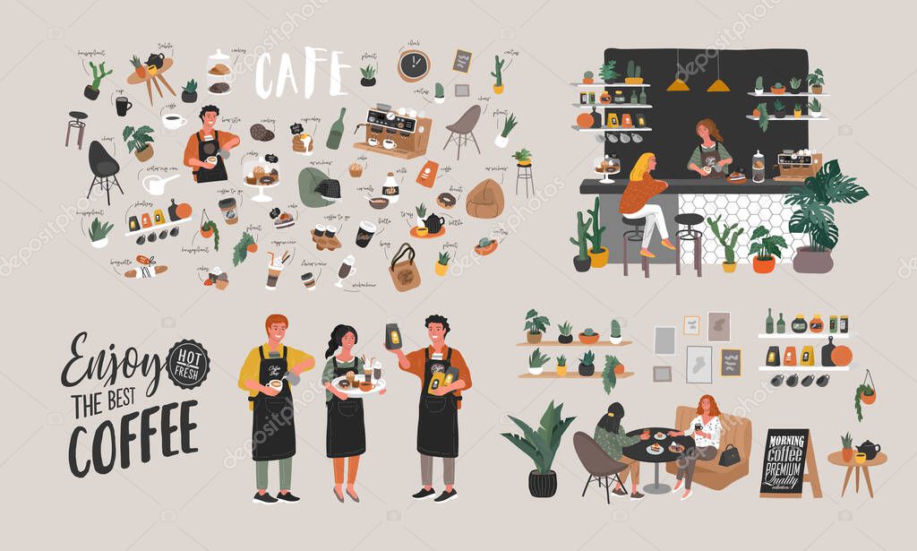 Coffee shop hand drawn collection . Cartoon constructor set. Small business, houseplant and interior decoration, logo lettering and quote, barista character, coffee pots sweets