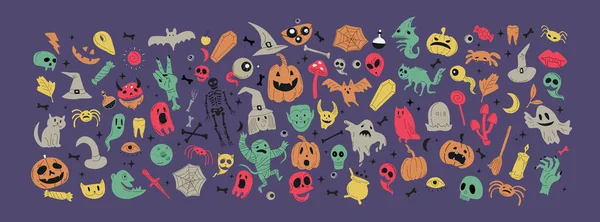 Vector icoon en element collectie voor Halloween wenskaart en poster, feest teken. Concept illustratie met teken en symbool. Platte tekenfilm — Stockvector