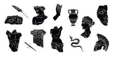 Kırık elementli antika mermer heykeller. Antik Yunan Venüs klasiği, amfora. Modern dövme ve logo. El çizimi efsanevi trend taşıyıcı