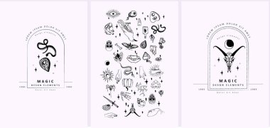 Bir çift boho el mistik sihir seti. Esrarengiz karalama elementleri ve elleri olan logo simgeleri, kuzgun hançeri. Siyah taslak tarzı. Soyut vektör illüstrasyonu