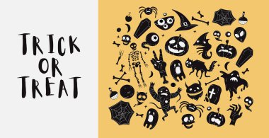 Cadılar Bayramı tebrik kartı ve afişi için vektör ikonu ve element koleksiyonu, parti işareti. İşaretli ve sembollü tasvir et. Düz tasarım çizgi film