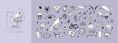 Bir çift boho el mistik sihir seti. Esrarengiz karalama elementleri ve elleri olan logo simgeleri, kuzgun hançeri. Siyah taslak tarzı. Soyut vektör illüstrasyonu