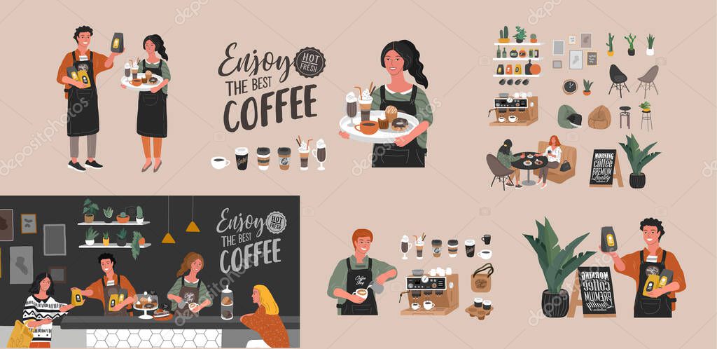 Coffee shop hand drawn collection . Cartoon constructor set. Small business, houseplant and interior decoration, logo lettering and quote, barista character, coffee pots sweets