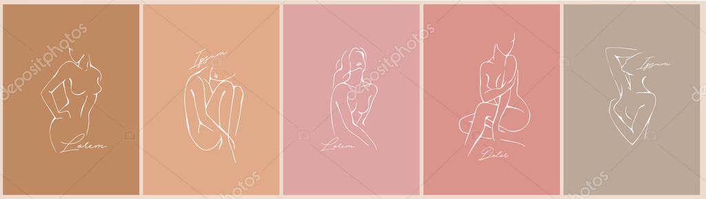 Feminine concept design template and illustration. Woman in minimal linear style Fashion illustration by femininity, beauty and modern art. Abstract poster and t-shirt print Vector illustration
