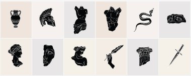 Kırık elementli antika mermer heykeller. Antik Yunan Venüs klasiği, amfora. Modern dövme ve logo. El çizimi efsanevi trend taşıyıcı