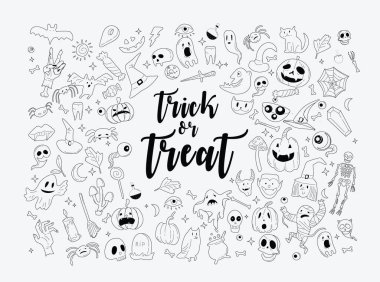 Cadılar Bayramı tebrik kartı ve afişi için vektör ikonu ve element koleksiyonu, parti işareti. İşaretli ve sembollü tasvir et. Düz tasarım çizgi film