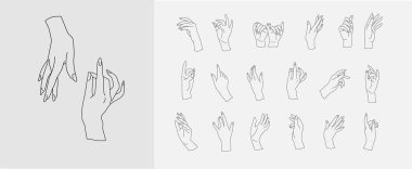 Bir çift vektör kadın güzellik eli. Düzenlenebilir vuruş boyutu. Düz çizgi, ince ve doğrusal tasarım. Basit ikonlar. Resim kavramını göster