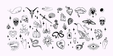 Bir çift boho el mistik sihir seti. Esrarengiz karalama elementleri ve elleri olan logo simgeleri, kuzgun hançeri. Siyah taslak tarzı. Soyut vektör çizimi. Siyah özet biçimi