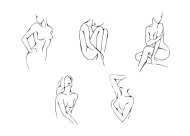 Kadınsı konsept tasarım şablonu ve çizimi. Dişilik, güzellik ve modern sanatla en az çizgisel tarzda moda illüstrasyonu yapan bir kadın. Soyut poster ve tişört baskısı Vektör illüstrasyonuName