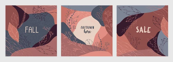 Set abstrakter Herbsthintergründe für Grußkarten und Einladungen. Banner mit herbstlich gezeichneten Blättern und Elementen — Stockvektor